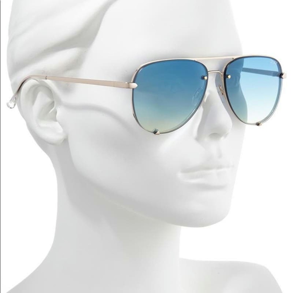 Quay Australia x Desi Perkins High Key Mini Rimless Sunglasses Blue Gold NWT